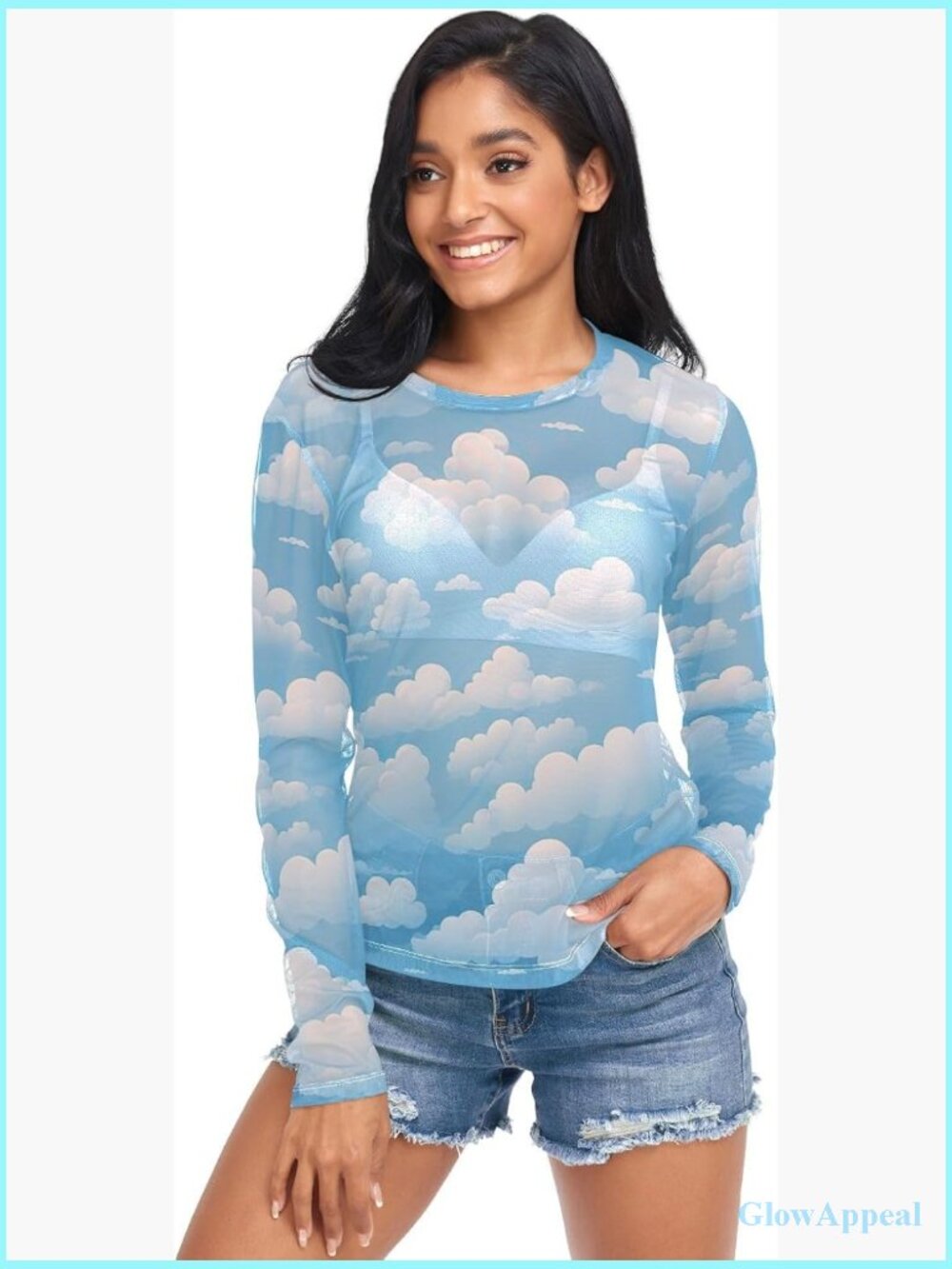 Long Sleeve Sheer Mesh Top with Cloud Sky Print